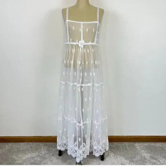 Vintage No Strings Attached Sheer White Floral Coverup Bridal Night Gown Dress M - Picture 12 of 13